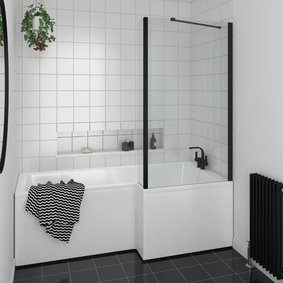Image of Essential Black 6mm L Shaped Bath Screen with Support Bar