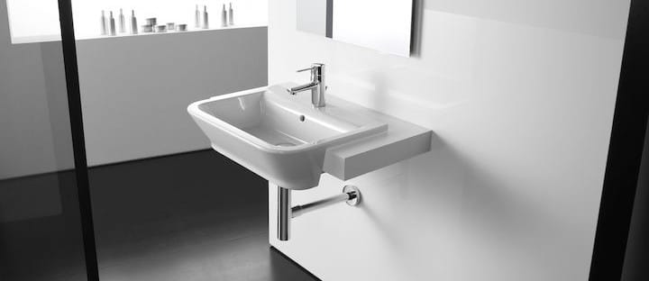 A Roca The Gap semi-recessed basin fitted to a floating worktop.
