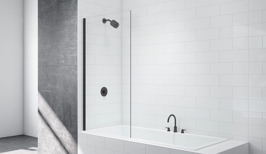 A Merlyn Black fixed bath screen fitted on the left-hand side of a bath.