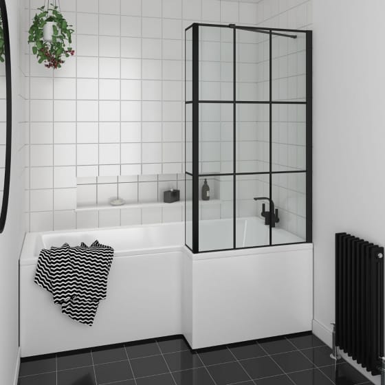 Image of Essential Black 6mm Matrix L Shaped Bath Screen with Support Bar