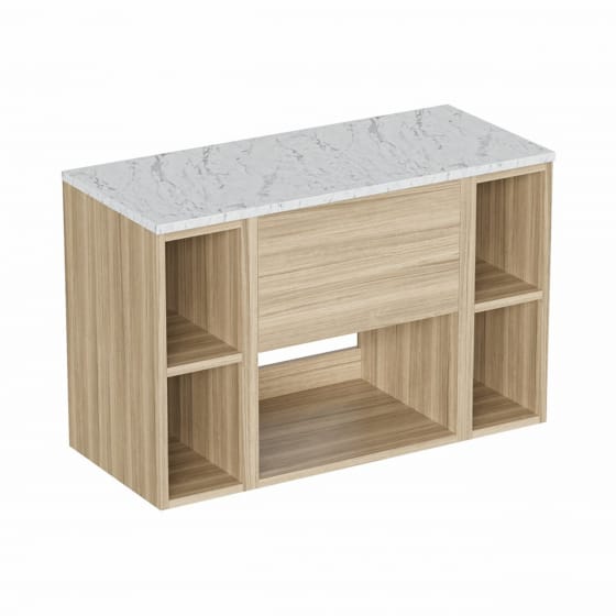Image of Britton Hackney: Wall-hung Vanity Unit with Two Shelves and Carrara Worktop (900mm)