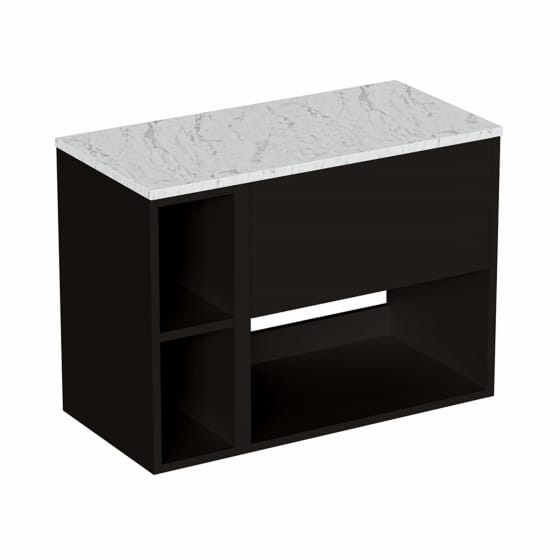 Image of Britton Hackney: Wall-Hung Vanity Unit with Shelves and Carrara Worktop (800mm)