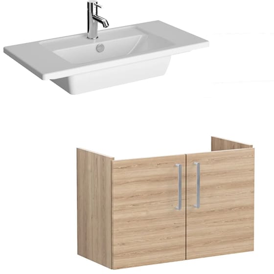 Image of VitrA: Root Flat Wall-hung Vanity Unit in Natural Finish with Doors and Basin (80cm)
