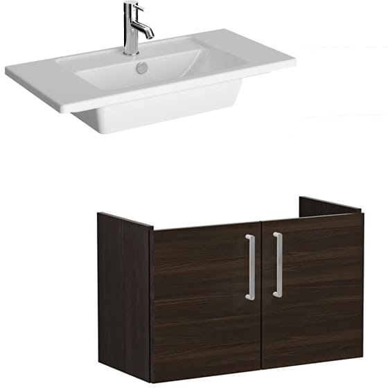 Image of VitrA: Root Flat Wall-hung Vanity Unit in Natural Finish with Doors and Basin (80cm)