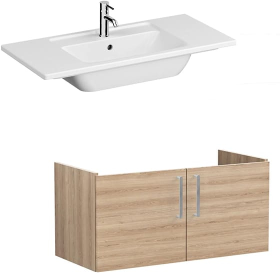 Image of VitrA: Root Flat Wall-hung Vanity Unit with Doors and Basin in Natural Finish (1000mm)