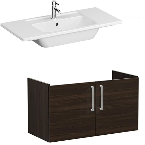 Image of VitrA: Root Flat Wall-hung Vanity Unit with Doors and Basin in Natural Finish (1000mm)