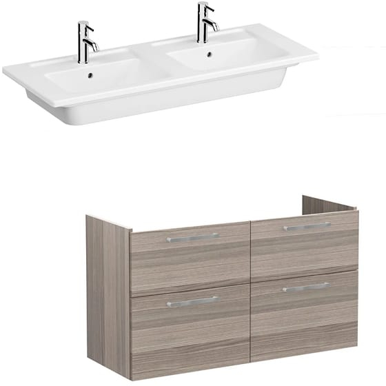 Image of VitrA: Root Flat Wall-hung Vanity Unit with Four Drawers and Double Basin in Natural Finish (1200mm)