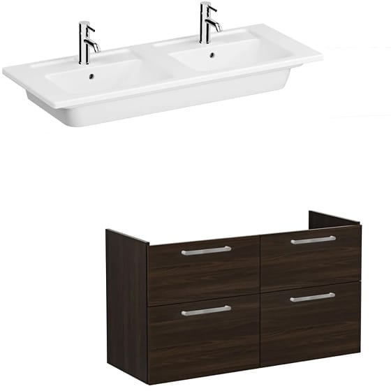 Image of VitrA: Root Flat Wall-hung Vanity Unit with Four Drawers and Double Basin in Natural Finish (1200mm)