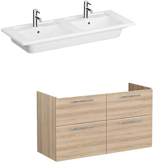 Image of VitrA: Root Flat Wall-hung Vanity Unit with Four Drawers and Double Basin in Natural Finish (1200mm)